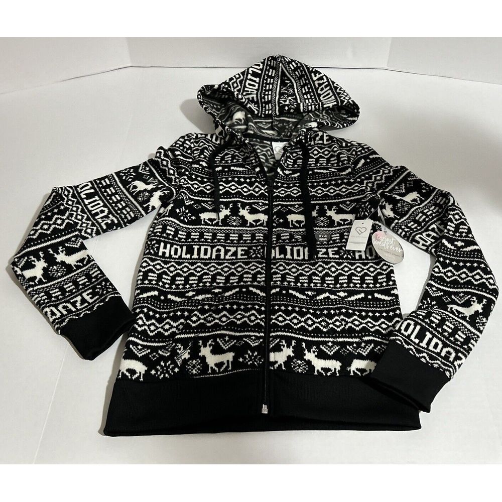 Live Love Dream Hoodie Sweatshirt Juniors XS Black White Fair Isle Lightweight